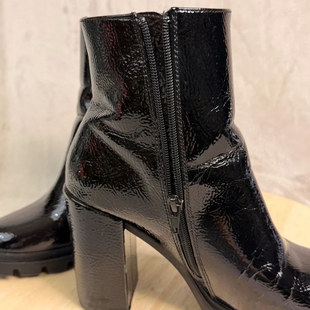 Steve Madden Vintage Black Patent Platform Ankle Boots Block‎ Heel Lug Sole 10M